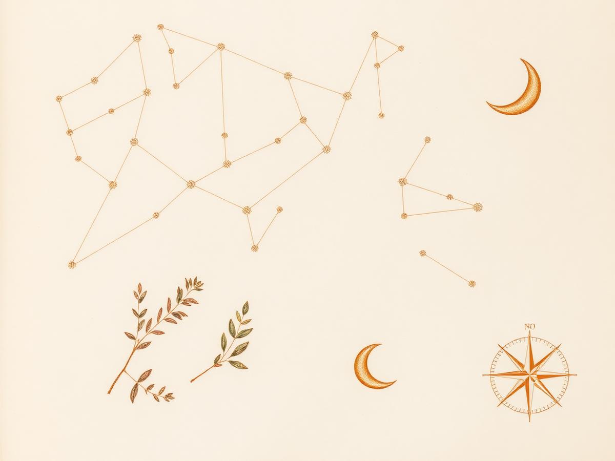 A hand-drawn constellation and botanical illustration on cream parchment