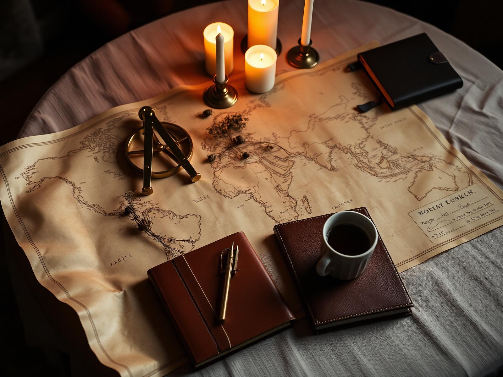 An antique world map on a linen tabletop lit by candlelight, with a brass compass and leather-bound journals